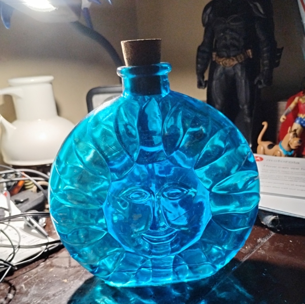 Blue Sun Face Decanter Glass Art Piece